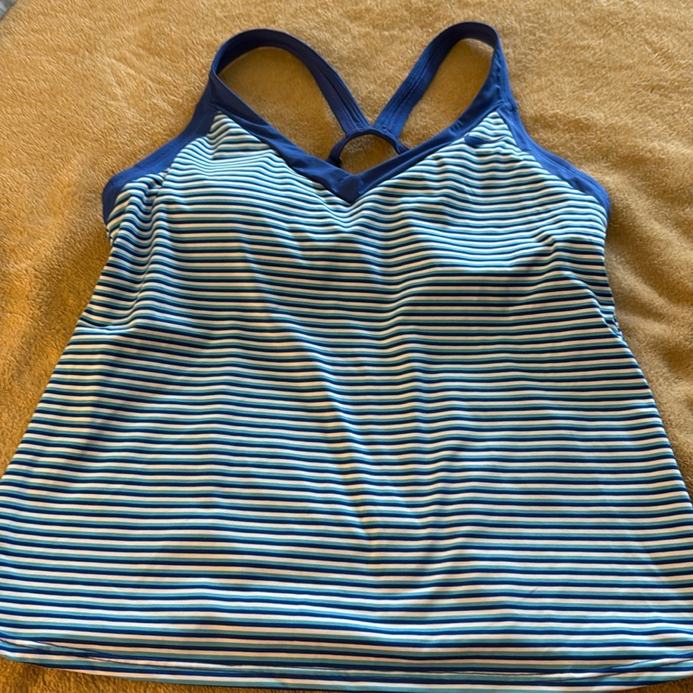 Nike V-Neck Striped Racerback Tankini Swim Top Blue and White | Medium